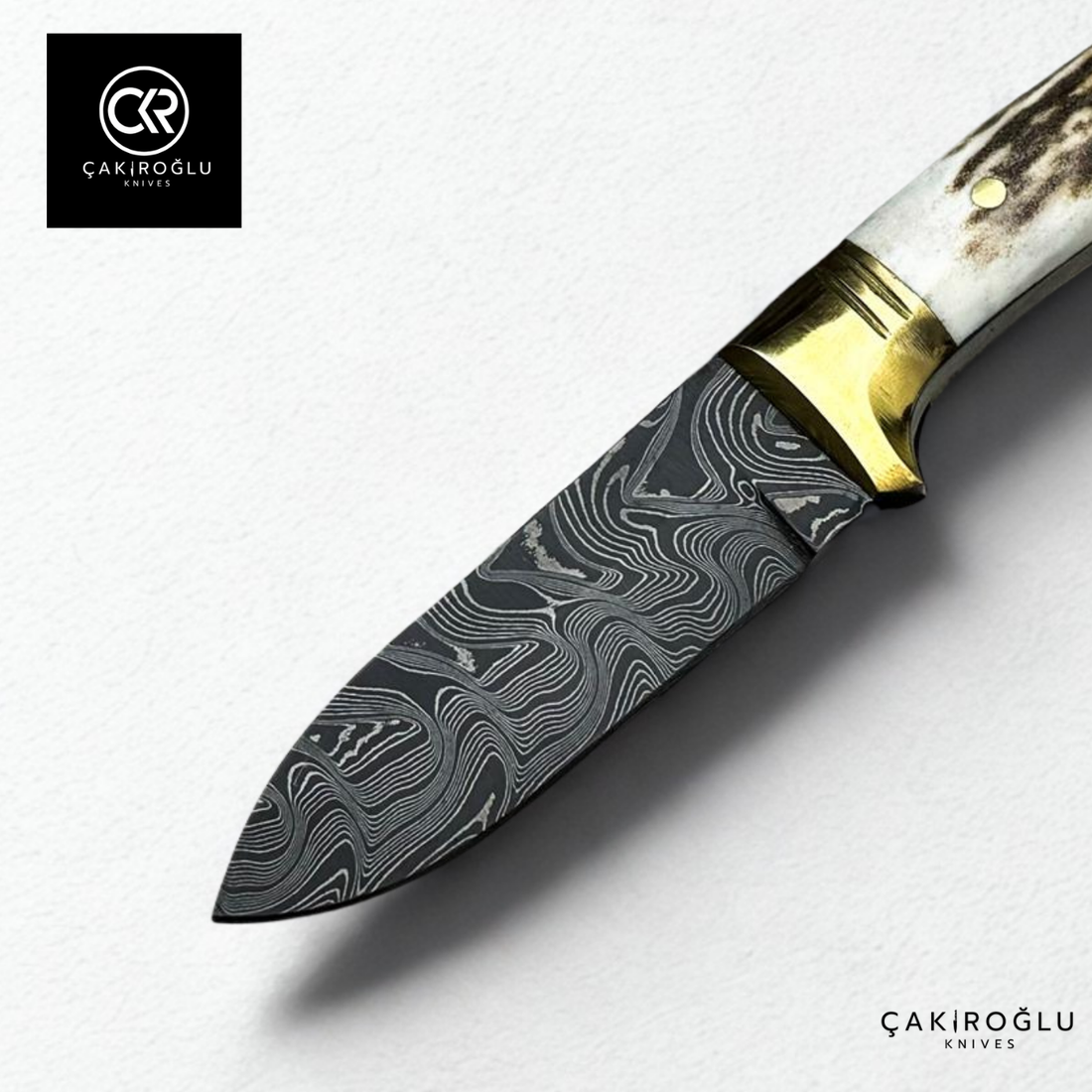 Handcrafted Custom-made Small-Size Damascus Steel Bushcraft Hunting Knife - Deer Antler Handle & Brass Apron