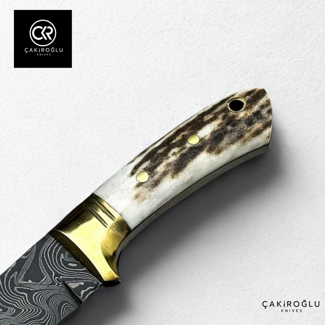Handcrafted Custom-made Small-Size Damascus Steel Bushcraft Hunting Knife - Deer Antler Handle & Brass Apron