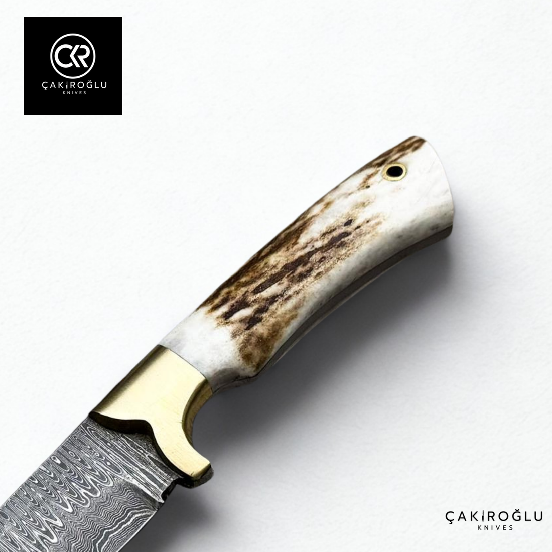 Handcrafted Custom-made Damascus Steel Bushcraft Hunting Knife - Deer Antler Handle & Brass Apron