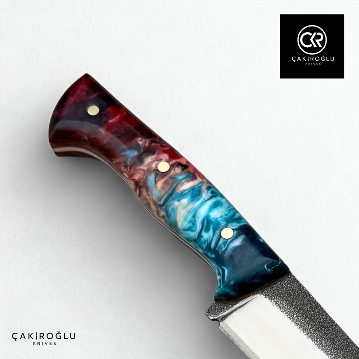 Premium Cutting Knife – N690 Böhler Steel & Epoxy Amber Handle