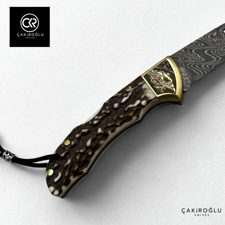 Showy Elite Small Size Handcrafted Custom-made Folding Knife - Damascus Steel & Engraved Apron