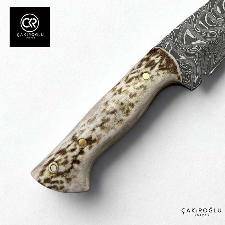 Handcrafted Custom-made Damascus Steel & Deer Antler Handle Hunting Knife
