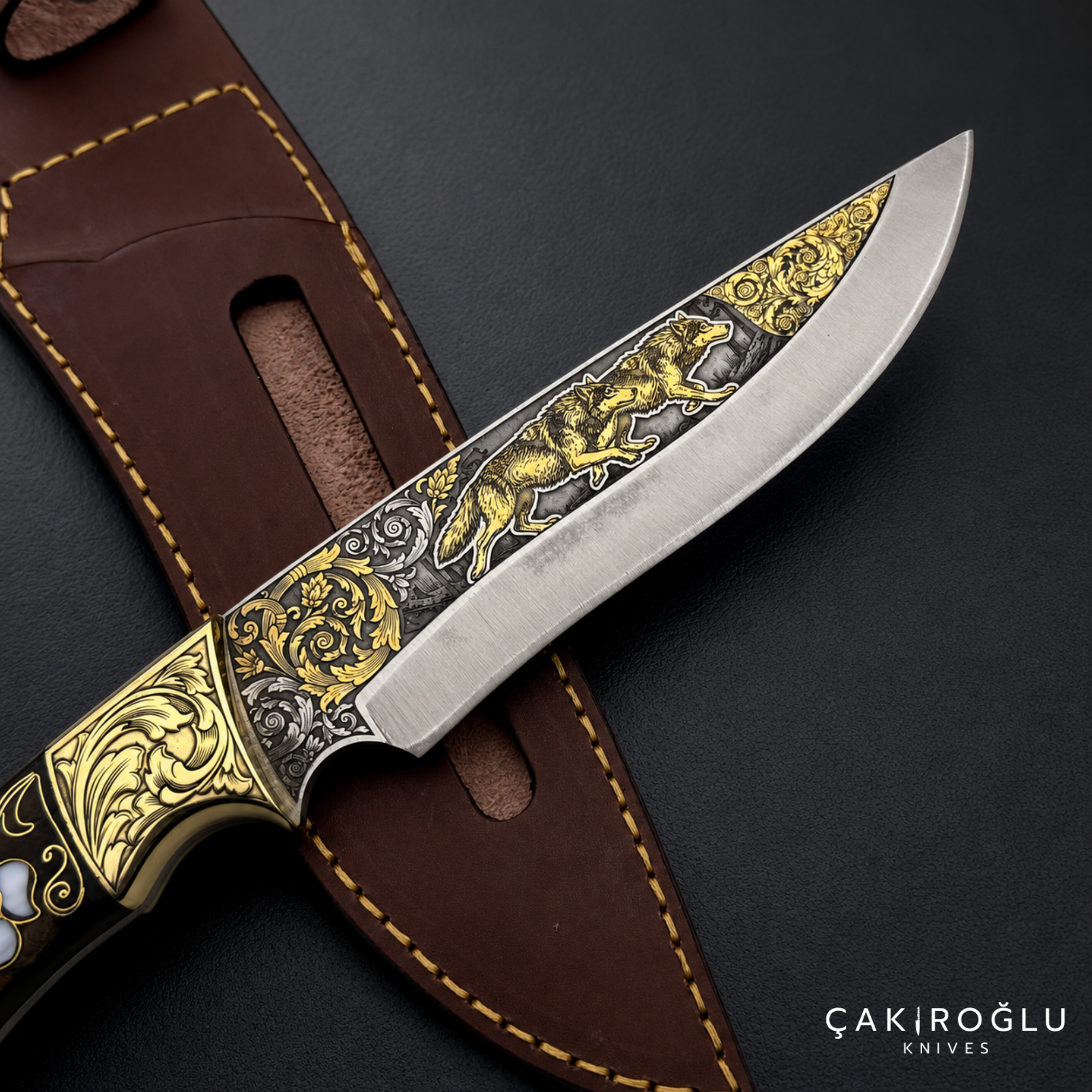 Handmade Gold Engraved N690 Hunting Knife – Walnut Handle with Mother of Pearl & Gold Details