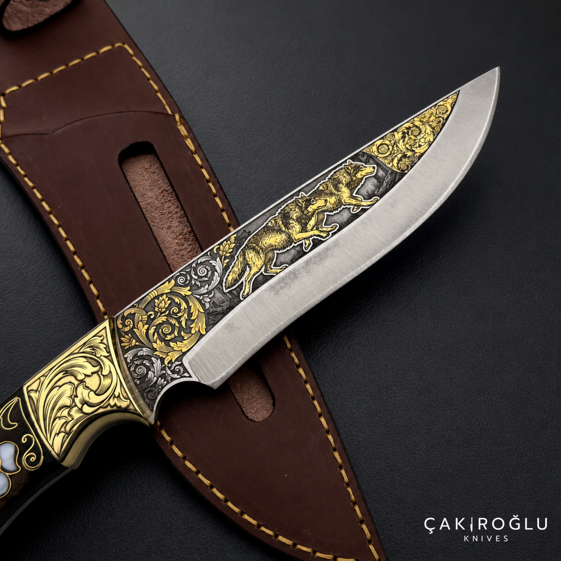 Handmade Gold Engraved N690 Hunting Knife – Walnut Handle with Mother of Pearl & Gold Details