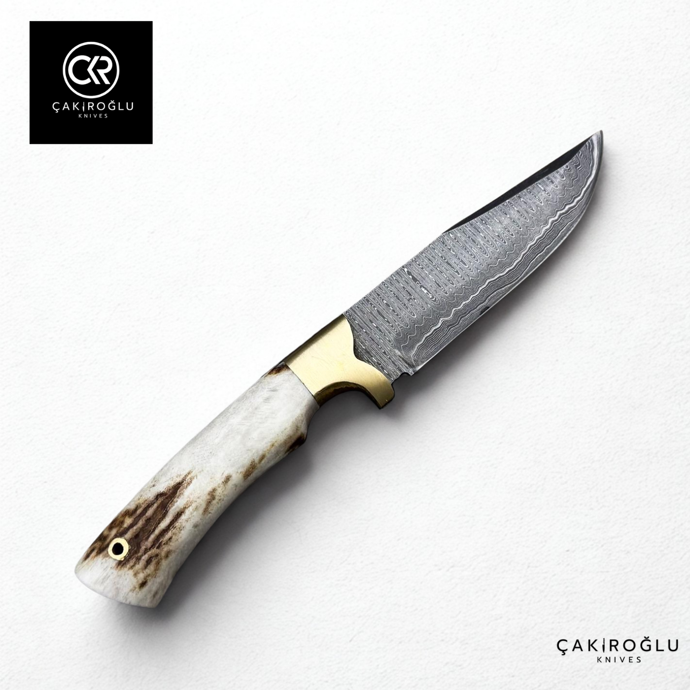 Handcrafted Custom-made Damascus Steel Bushcraft Hunting Knife - Deer Antler Handle & Brass Apron