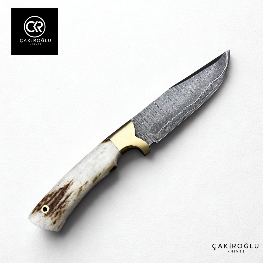 Handcrafted Custom-made Damascus Steel Bushcraft Hunting Knife - Deer Antler Handle & Brass Apron