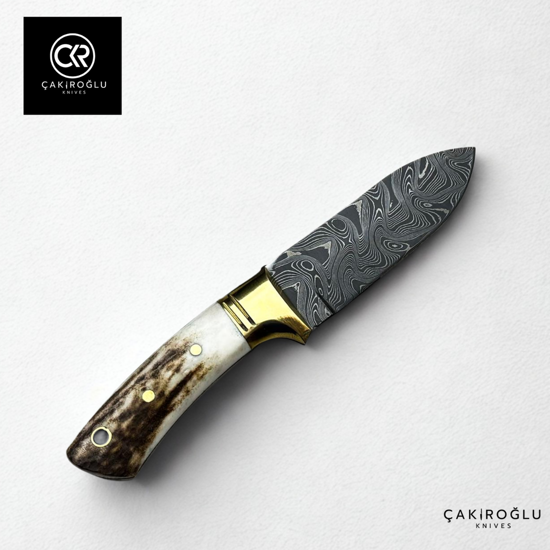 Handcrafted Custom-made Small-Size Damascus Steel Bushcraft Hunting Knife - Deer Antler Handle & Brass Apron