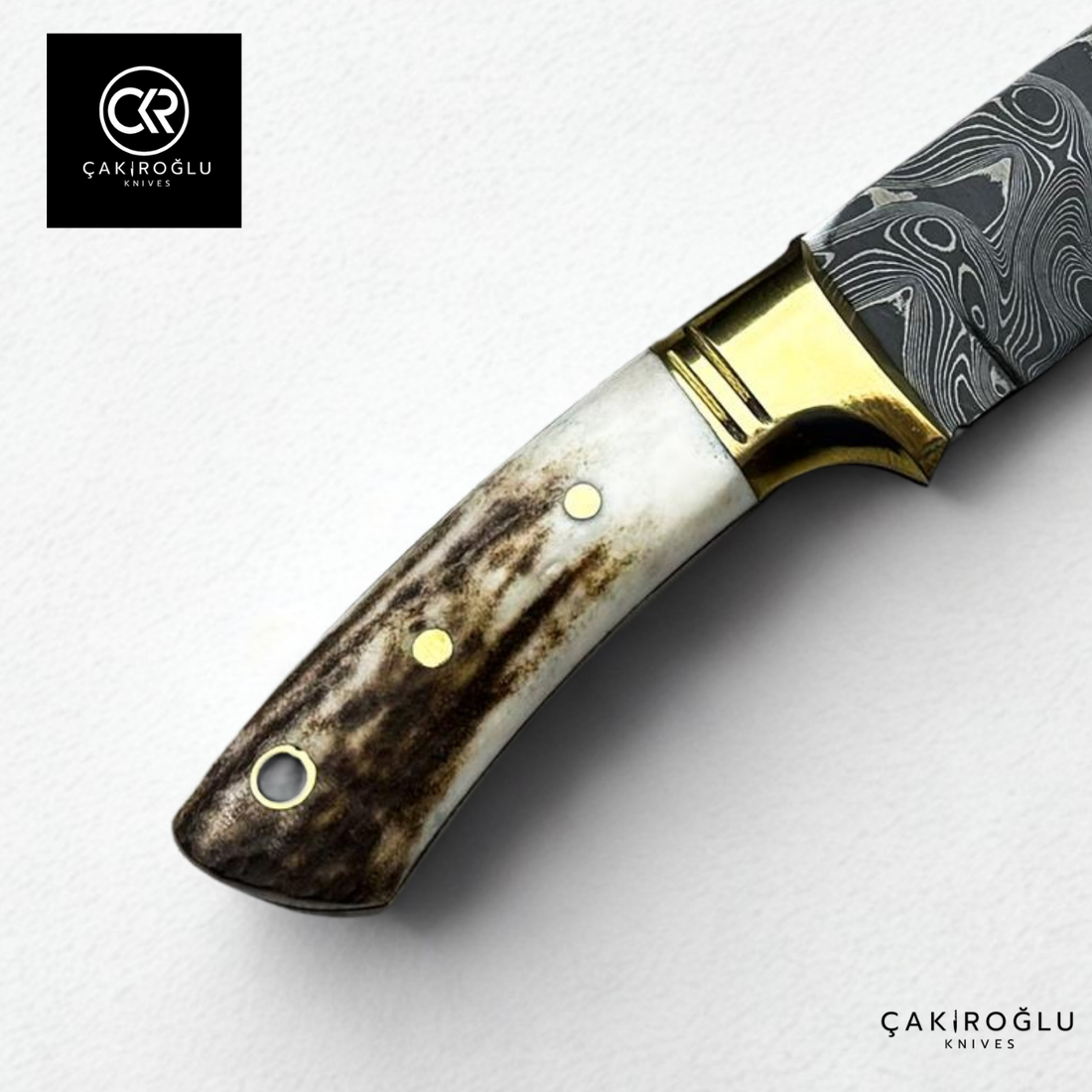 Handcrafted Custom-made Small-Size Damascus Steel Bushcraft Hunting Knife - Deer Antler Handle & Brass Apron