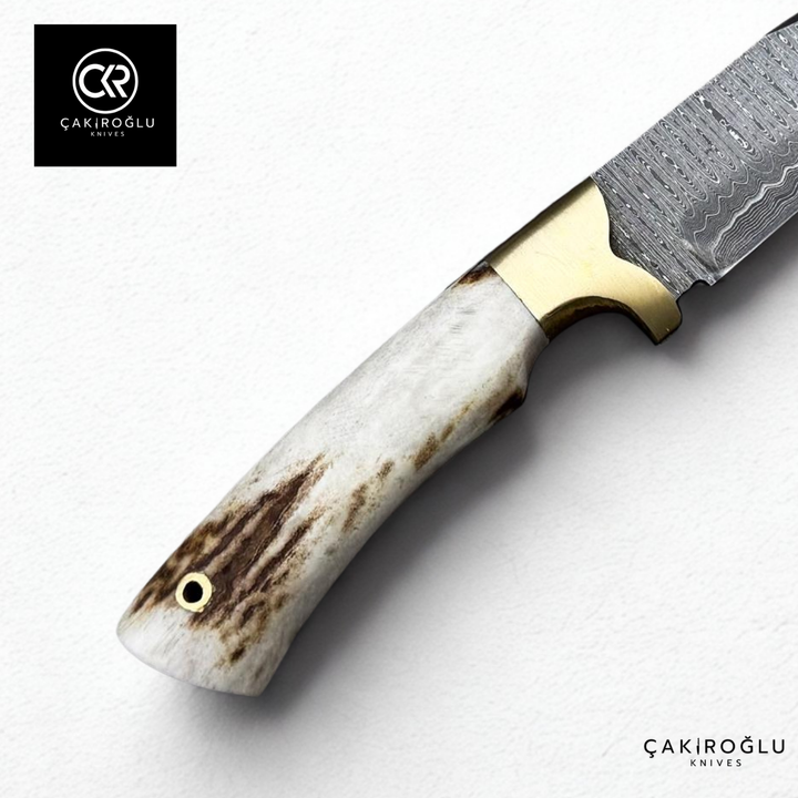 Handcrafted Custom-made Damascus Steel Bushcraft Hunting Knife - Deer Antler Handle & Brass Apron