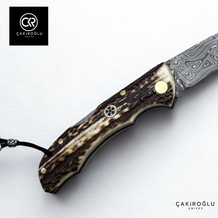 Showy Series Medium Size Handcrafted Custom Folding Knife - Damascus Steel & Deer Antler Handle