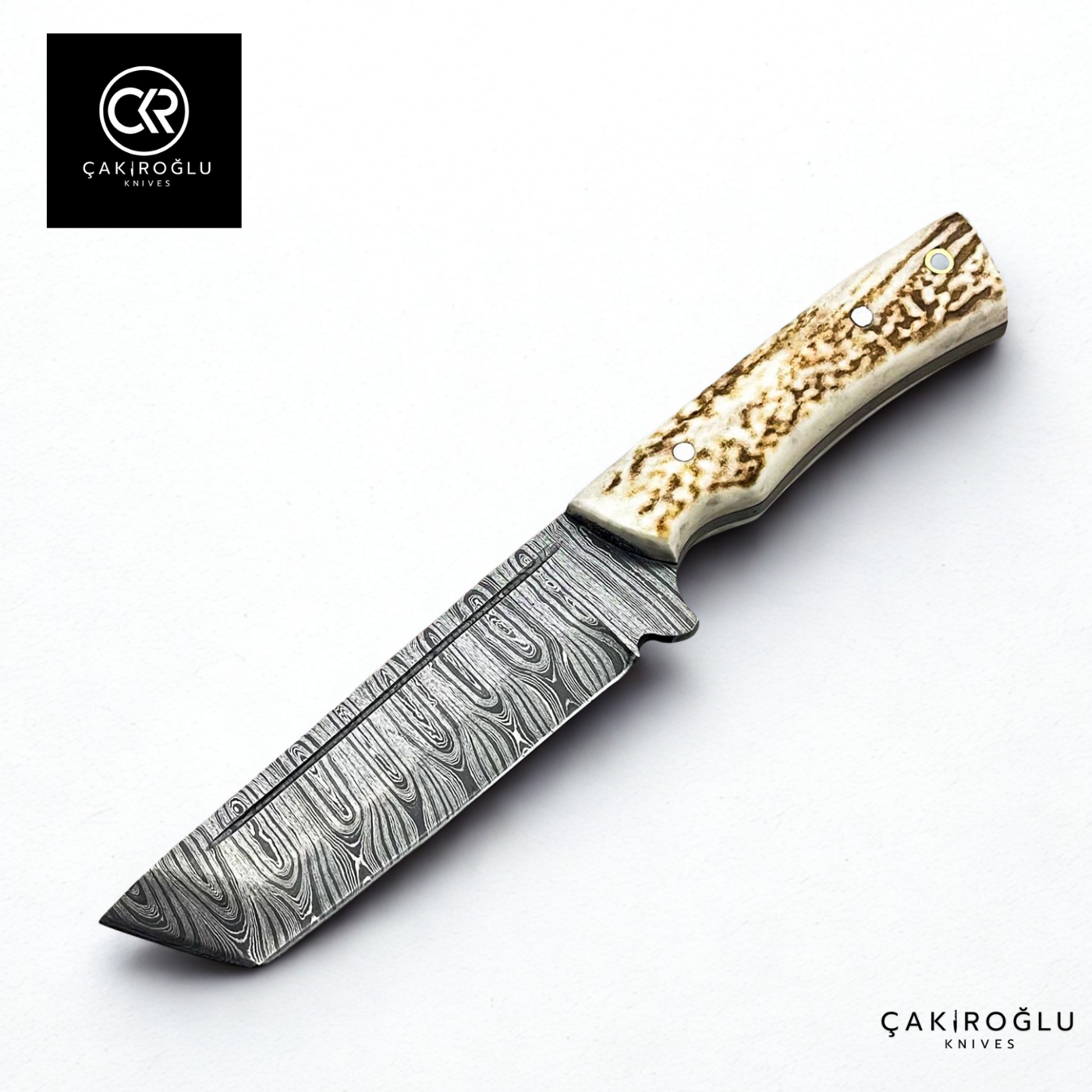 Handcrafted Custom-made Damascus Steel & Deer Antler Handle Tanto Model Hunting Knife