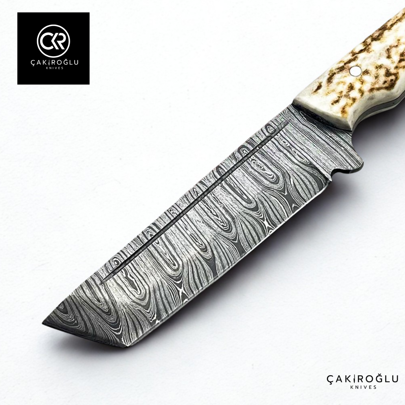 Handcrafted Custom-made Damascus Steel & Deer Antler Handle Tanto Model Hunting Knife