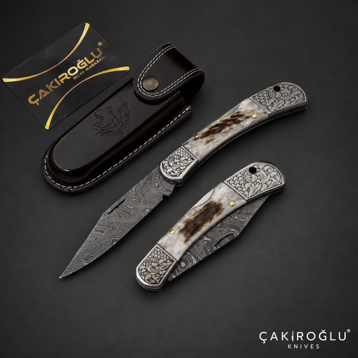 Handmade Damascus Custom Pocket Folding Knife with Sheath