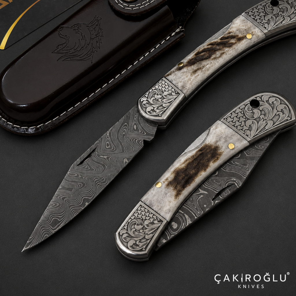 Handmade Damascus Custom Pocket Folding Knife with Sheath