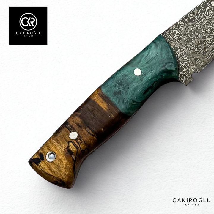 Handcrafted Custom-made Damascus Steel & Epoxy Hybrid Handle Hunting Knife