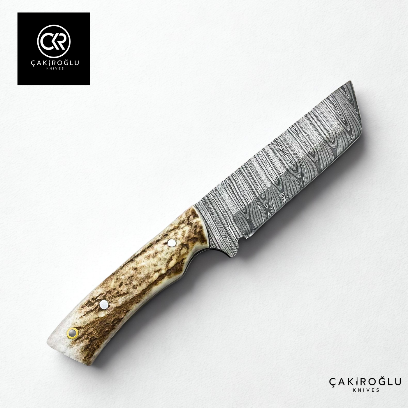 Handcrafted Custom-made Damascus Steel & Deer Antler Handle Tanto Model Hunting Knife