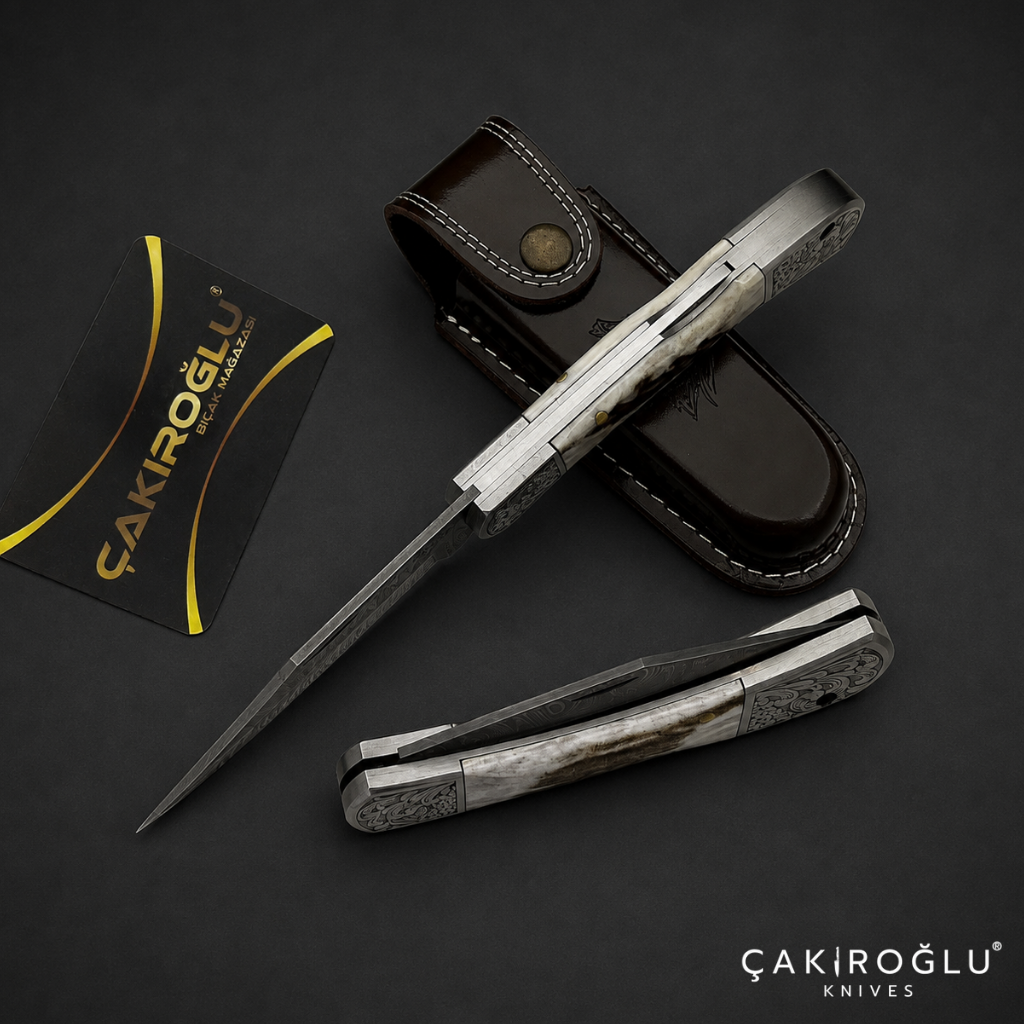 Handmade Damascus Custom Pocket Folding Knife with Sheath