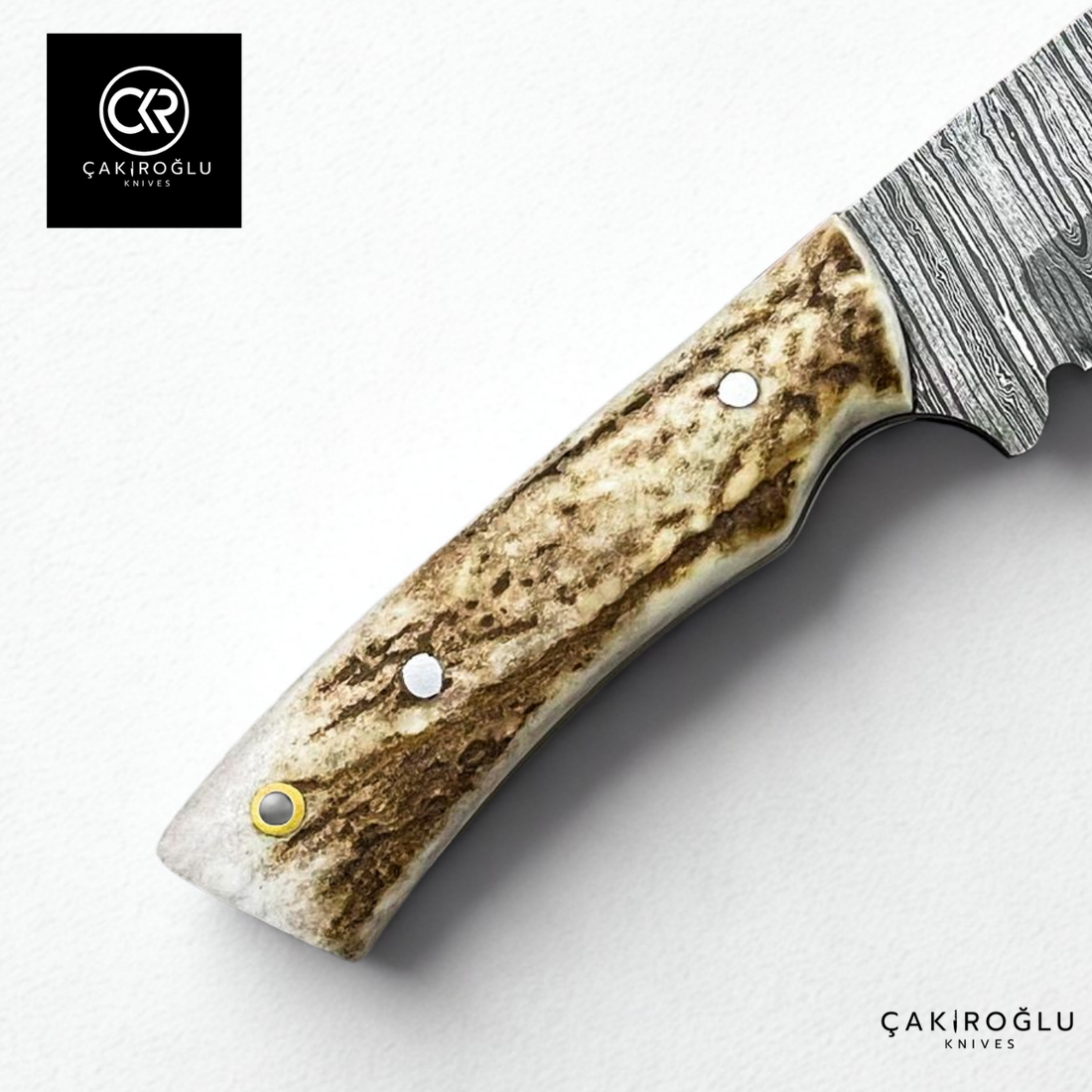 Handcrafted Custom-made Damascus Steel & Deer Antler Handle Tanto Model Hunting Knife