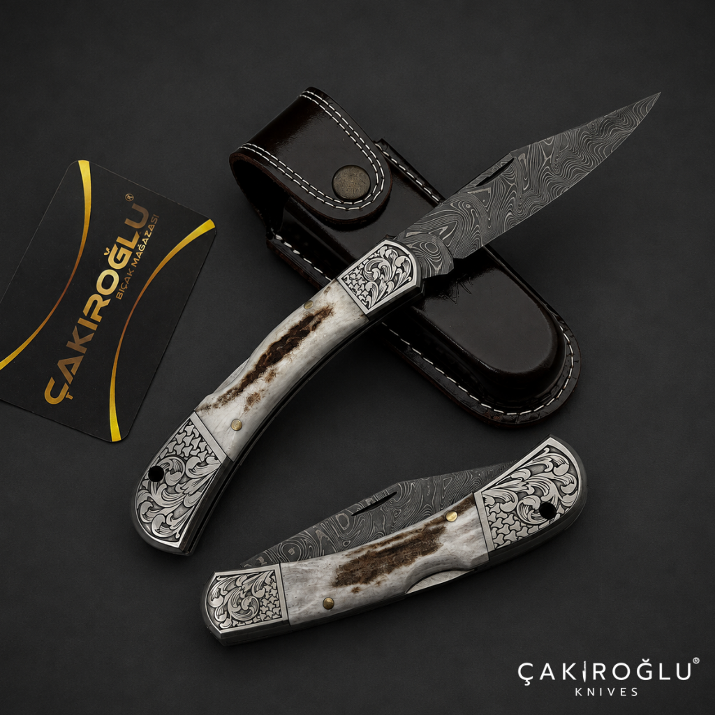 Handmade Damascus Custom Pocket Folding Knife with Sheath