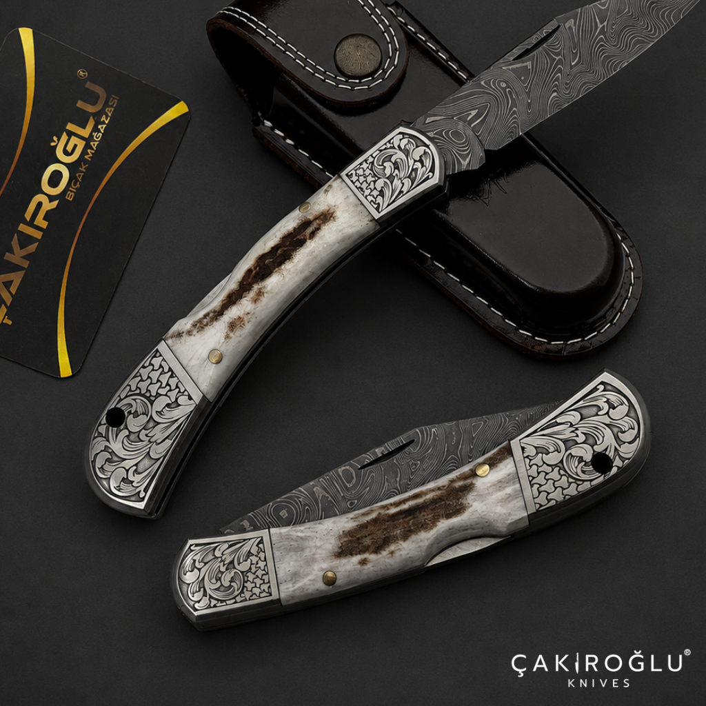 Handmade Damascus Custom Pocket Folding Knife with Sheath