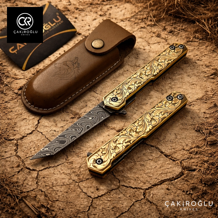 Handmade Damascus Pocket Folding Knife, Engraved Brass Handle