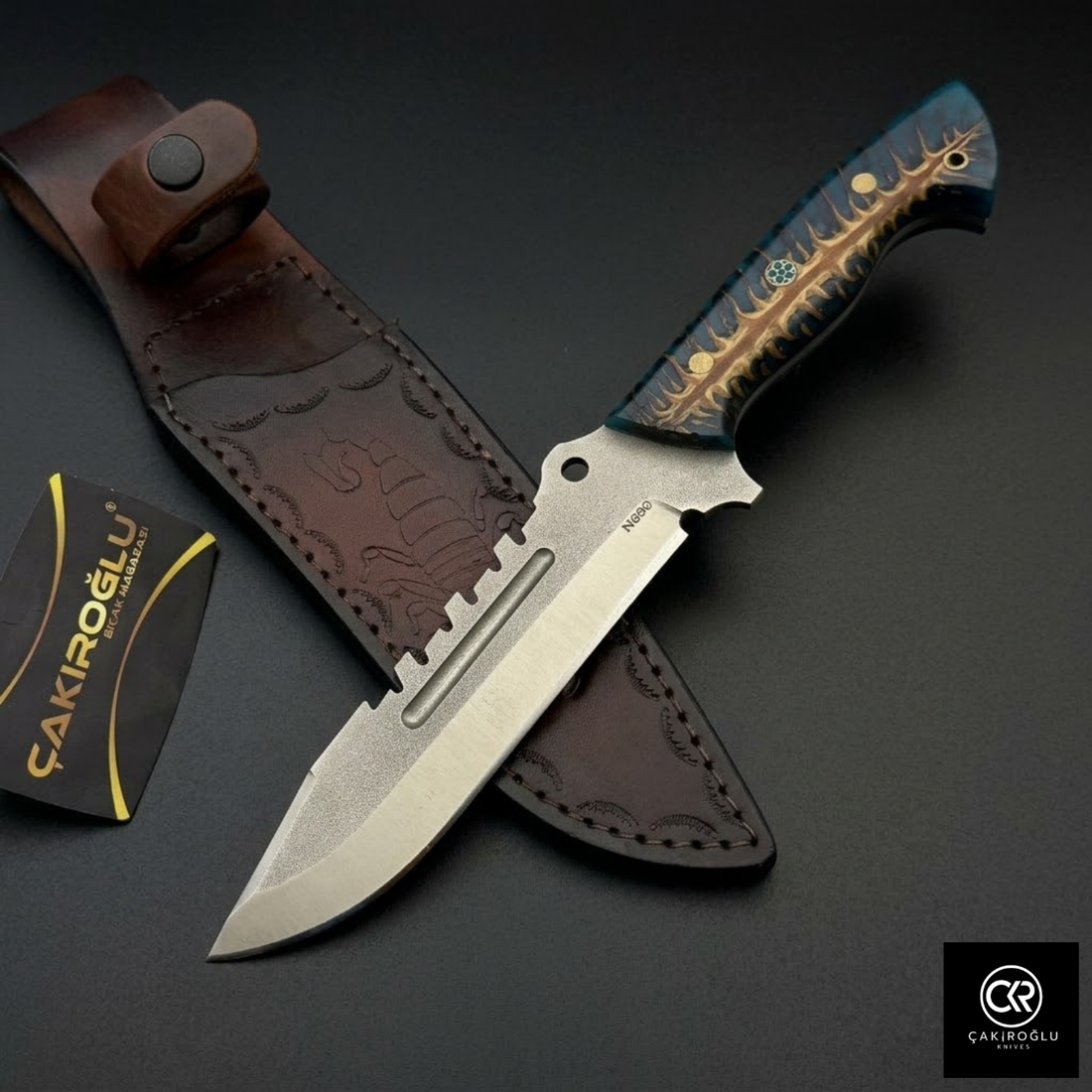 Handmade Custom N690 Steel Hunting Knife, Epoxy Pine Cone Handle, Luxury Gift for Adventurers