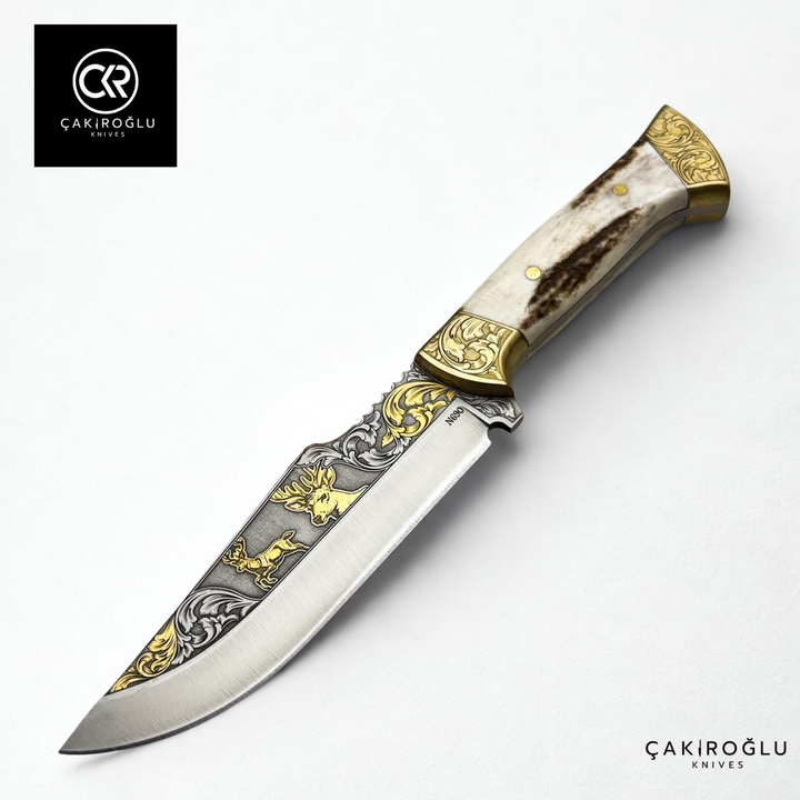 Royal Icons – Deer | Limited Collector's Edition N690 Knife with 24K Gold Engraving & Deer Antler Handle