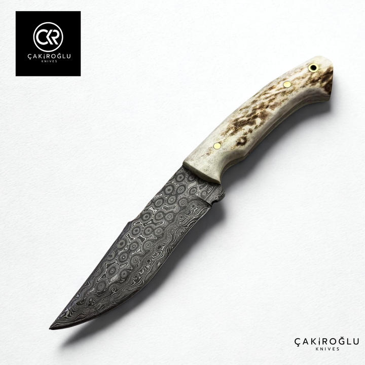 Handcrafted Custom-made Damascus Steel & Deer Antler Handle Hunting Knife