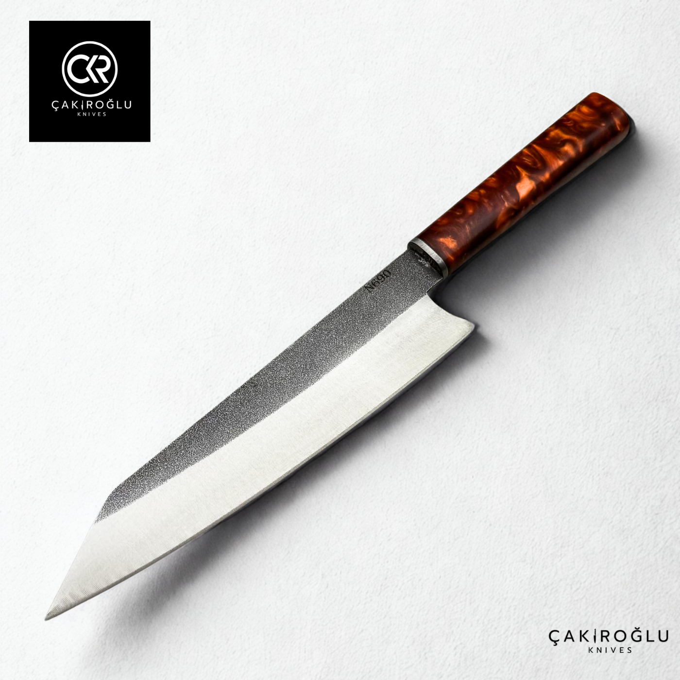 Santoku Model Handcrafted Chef Knife - N690 Böhler Steel & Epoxy Amber Handle