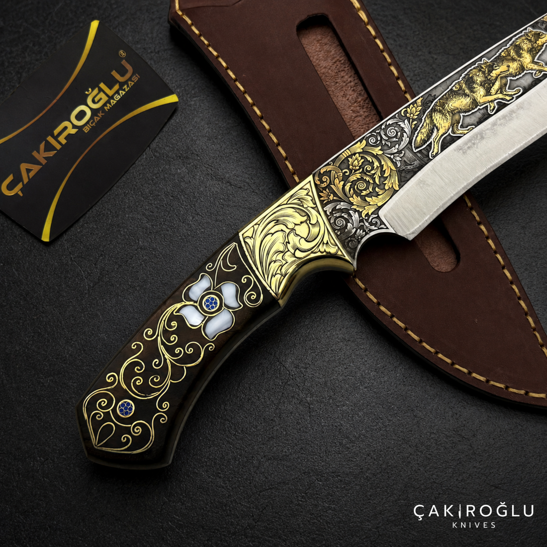Handmade Gold Engraved N690 Hunting Knife – Walnut Handle with Mother of Pearl & Gold Details