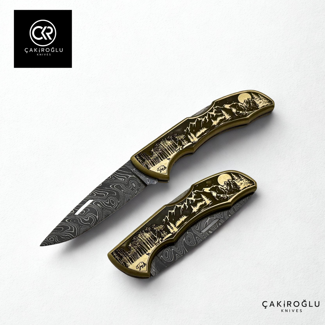 Showy Limited Edition Medium Size Handcrafted Custom-made Folding Collectible Knife - Damascus Steel & Engraved Brass Handle