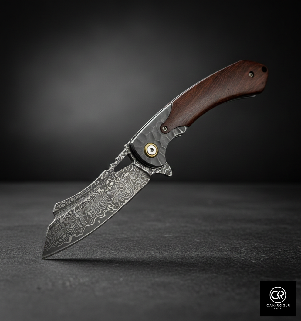 Damascus Steel Folding Knife with Cocobolo Handle