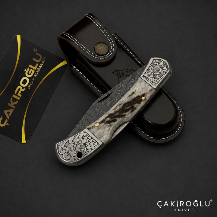Handmade Damascus Custom Pocket Folding Knife with Sheath