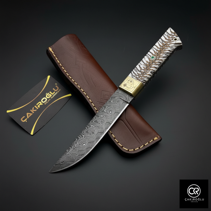 Handcrafted Custom-made Damascus Steel & Pine Cone Epoxy Handle Hunting Knife