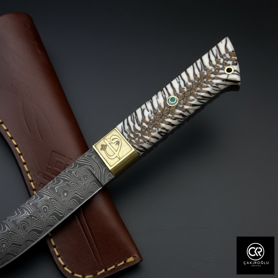 Handcrafted Custom-made Damascus Steel & Pine Cone Epoxy Handle Hunting Knife