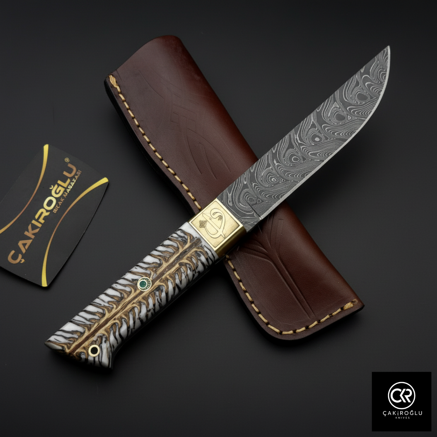Handcrafted Custom-made Damascus Steel & Pine Cone Epoxy Handle Hunting Knife
