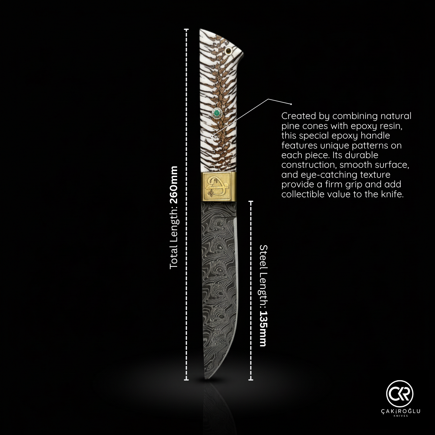 Handcrafted Custom-made Damascus Steel & Pine Cone Epoxy Handle Hunting Knife