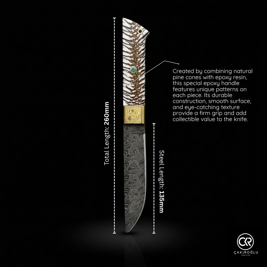 Handcrafted Custom-made Damascus Steel & Pine Cone Epoxy Handle Hunting Knife