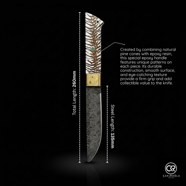 Handcrafted Custom-made Damascus Steel & Pine Cone Epoxy Handle Hunting Knife