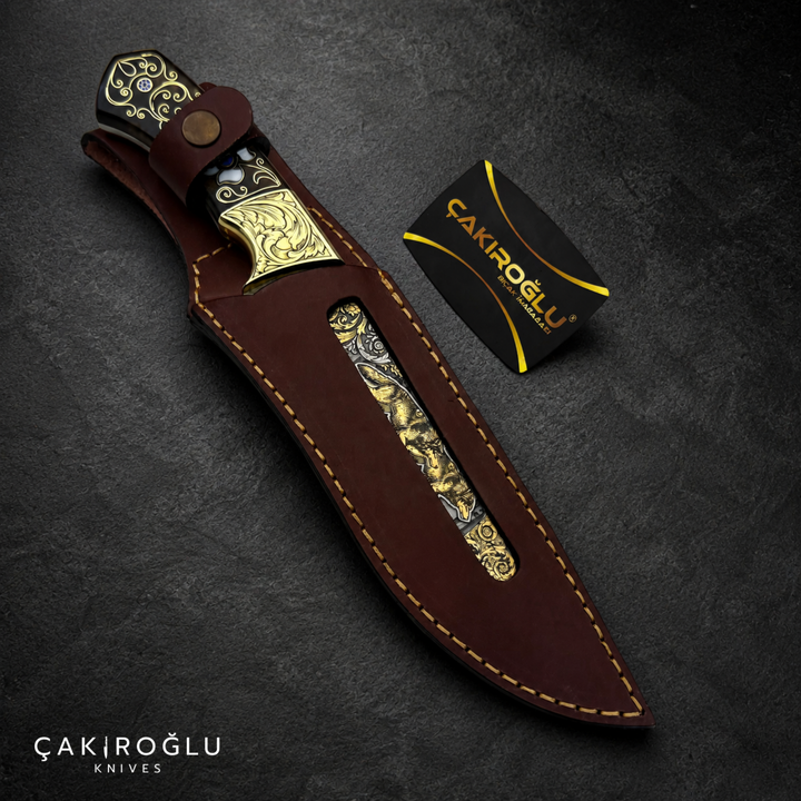 Handmade Gold Engraved N690 Hunting Knife – Walnut Handle with Mother of Pearl & Gold Details