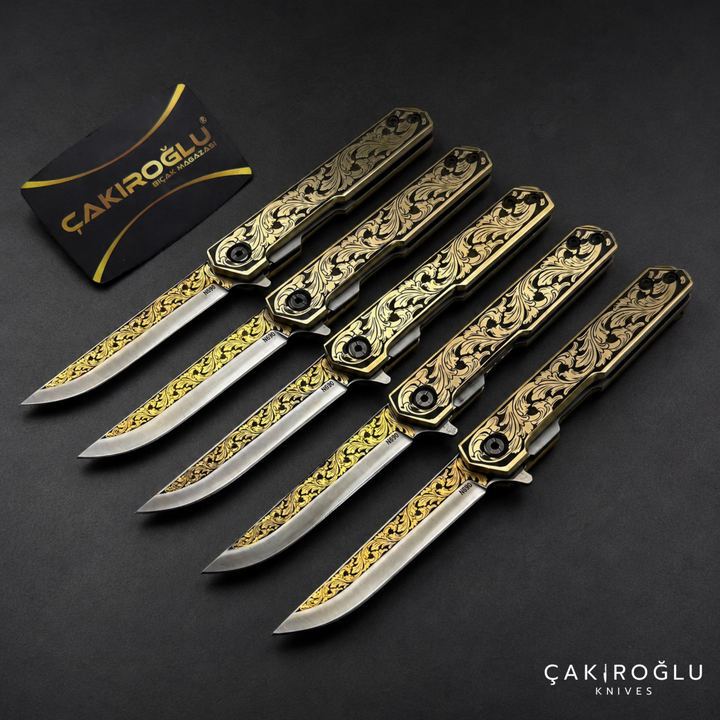 Handmade Folding Pocket Knife, N690 Gold Engraving Steel, Brass Handle
