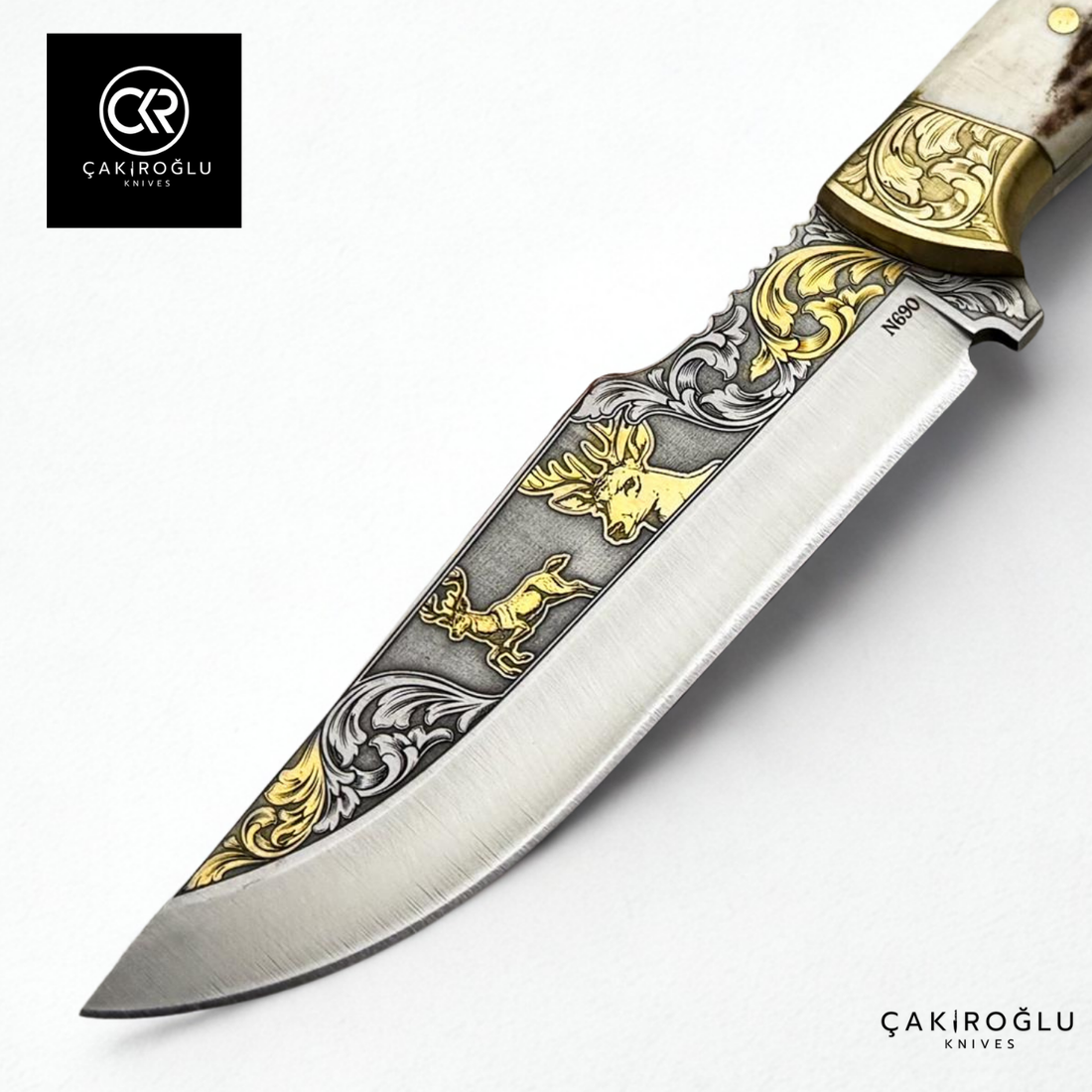 Royal Icons – Deer | Limited Collector's Edition N690 Knife with 24K Gold Engraving & Deer Antler Handle