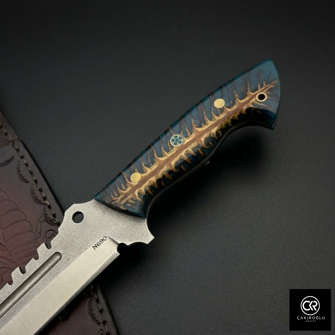 Handmade Custom N690 Steel Hunting Knife, Epoxy Pine Cone Handle, Luxury Gift for Adventurers