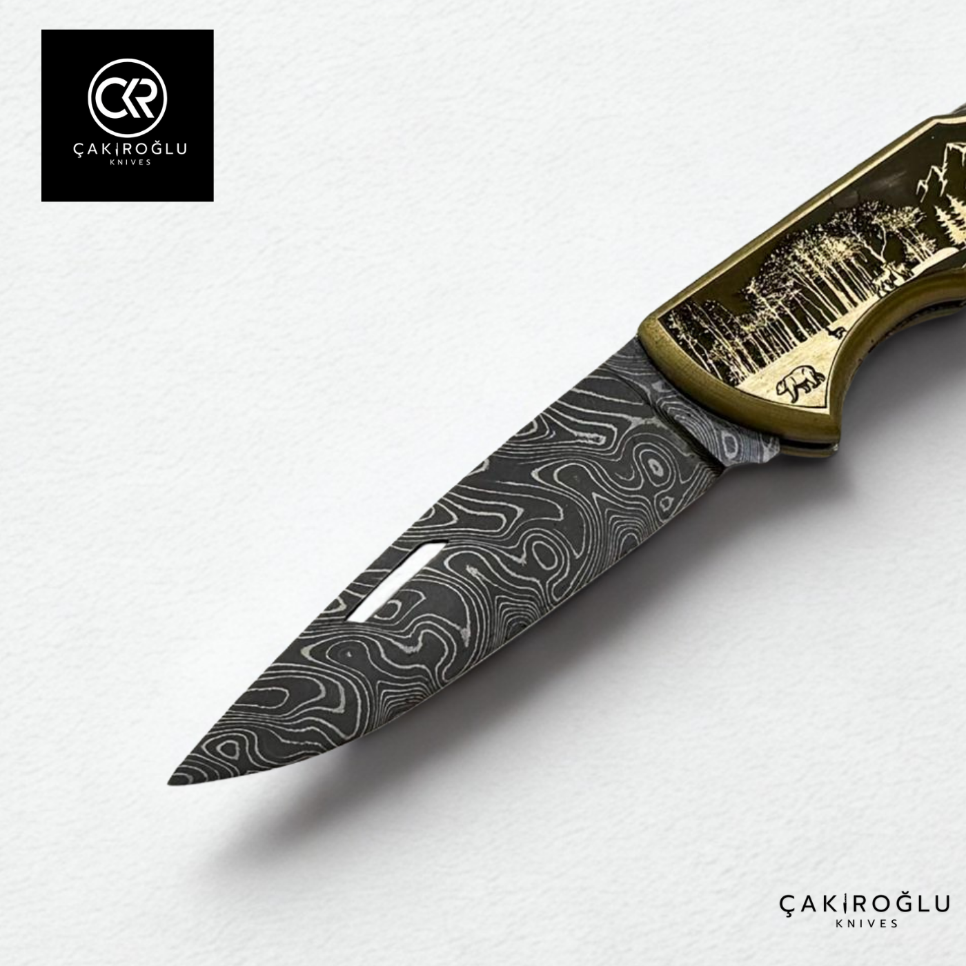 Showy Limited Edition Medium Size Handcrafted Custom-made Folding Collectible Knife - Damascus Steel & Engraved Brass Handle