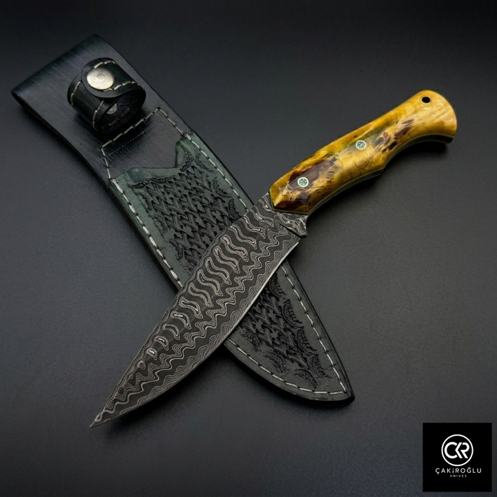 Çakıroğlu Handmade Custom-made Damascus Steel & Stabilized Maple Wood Handle Hunting Knife