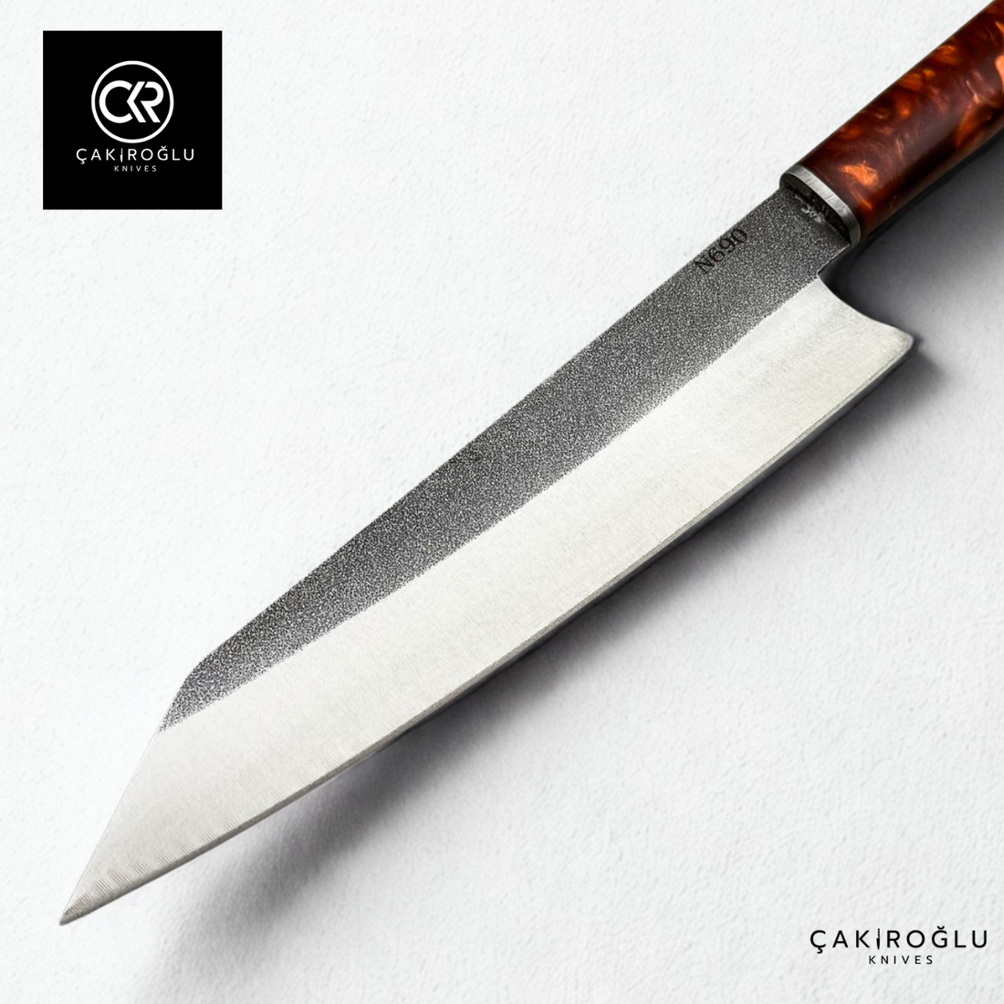 Santoku Model Handcrafted Chef Knife - N690 Böhler Steel & Epoxy Amber Handle