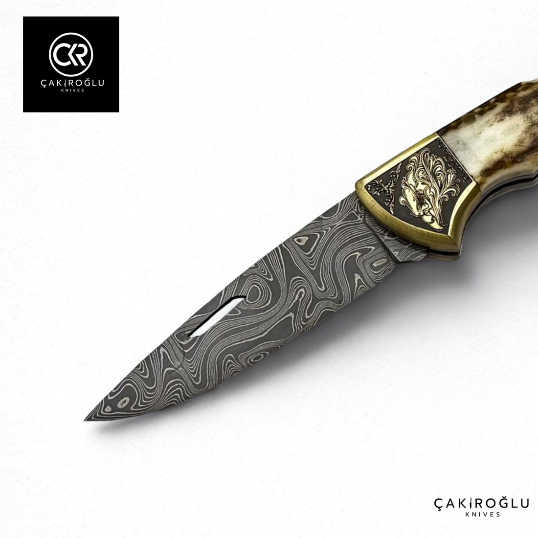 Showy Elite Medium Size Handcrafted Custom-made Folding Knife - Damascus Steel & Engraved Apron