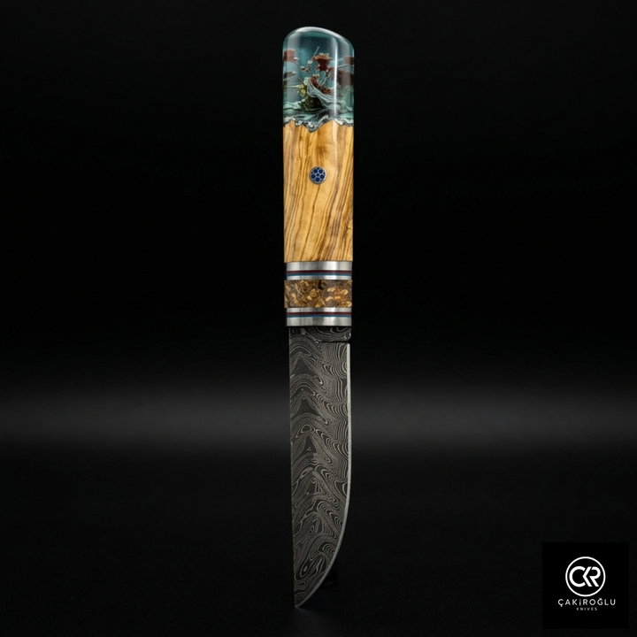 Handcrafted Damascus Steel Custom Pukko Knife - Epoxy Hybrid Handle