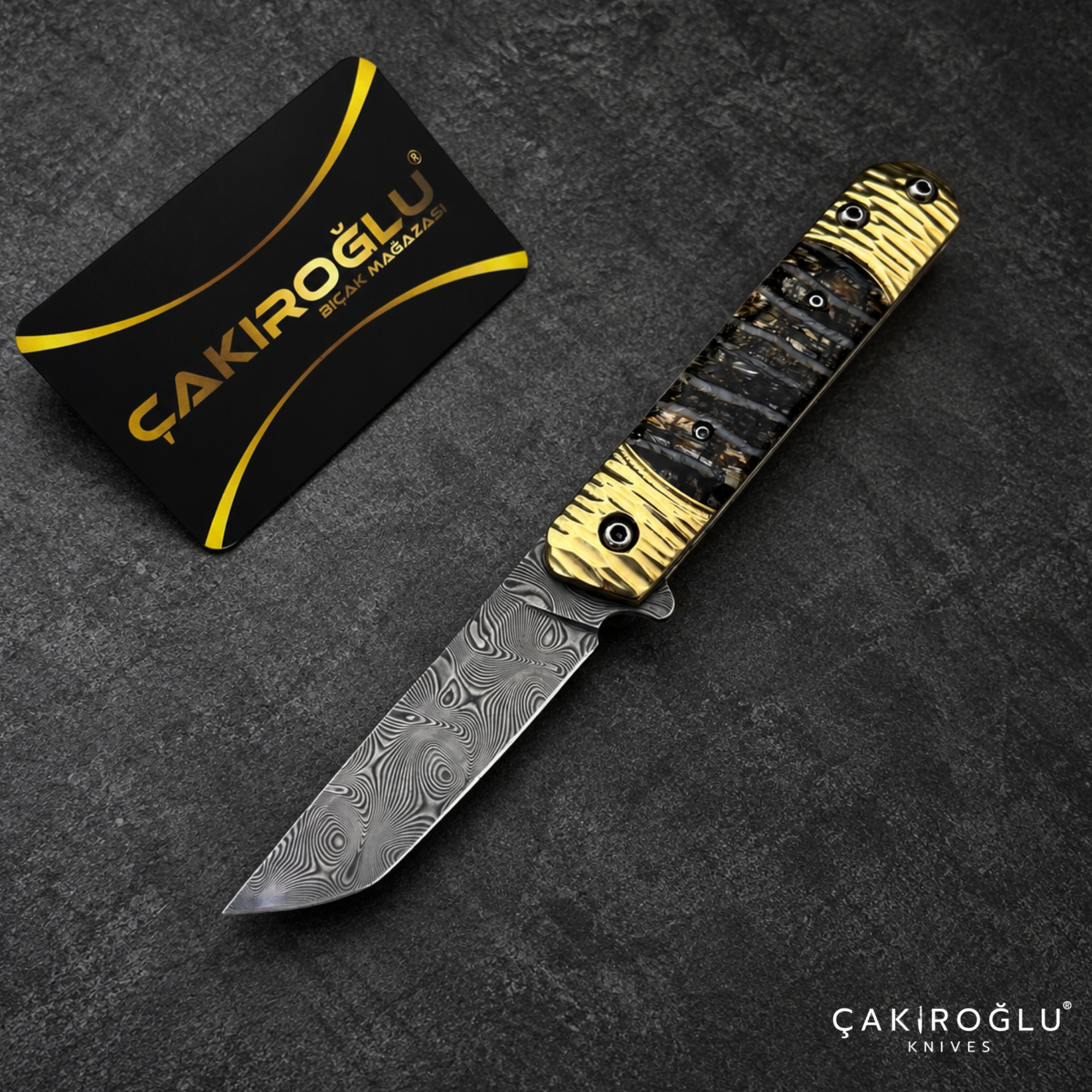 Limited Edition Stainless Damascus Steel Folding Knife with Mammoth Tusk Handle