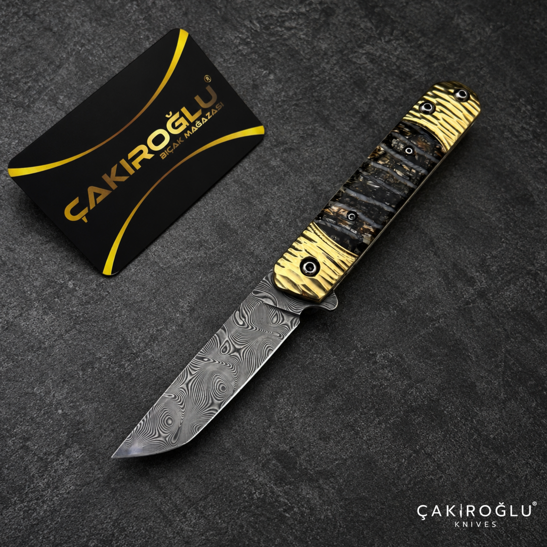 Limited Edition Stainless Damascus Steel Folding Knife with Mammoth Tusk Handle
